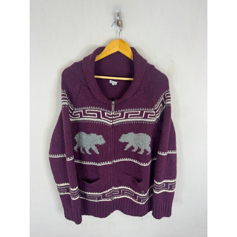 Kismet Purple Bear Wool Blend Cowichan Intarsia Shawl Collar Cardigan Sweater XL